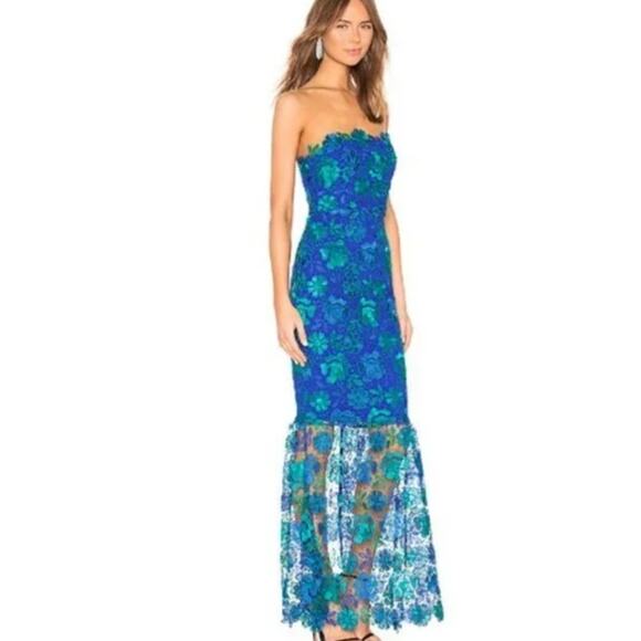 NEW Lovers and Friends Teagan Blue Green Floral Embroidered Lace Strapless Gown - Picture 1 of 13